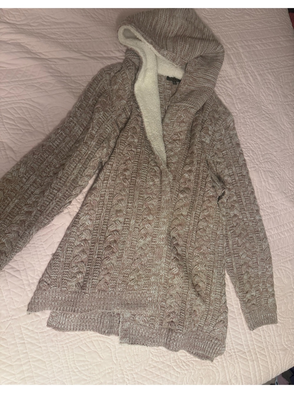Hooded Cable Knit Cardigan Sweater - Taupe